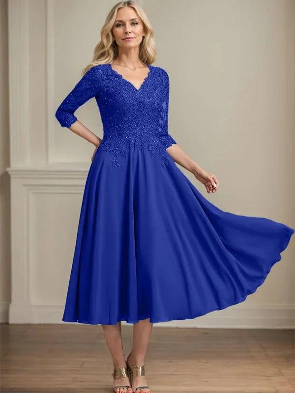 A-line V-Neck Tea-Length Chiffon Lace Mother of the Bride Dress With Beading Sequins by Dreamylily