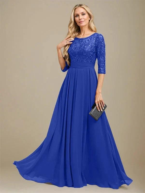 A-Line Scoop Floor-Length Lace Chiffon Mother Of the Bride Dress With Sequins Applique by Dreamylily