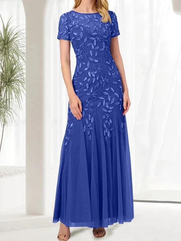 Blue Mermaid Round Neck Long Mother of the Bride Dress With Beadings by Dreamylily