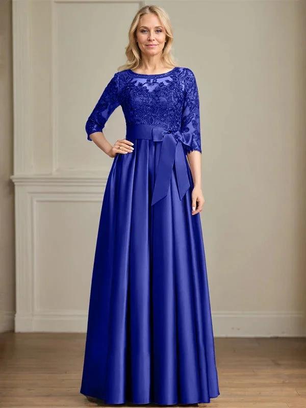 A-line Scoop Illusion Floor-Length Satin Lace Mother of the Bride Dress With Sequins Bow by Dreamylily