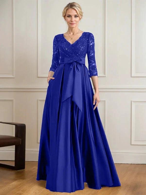 A-line V-Neck Floor-Length Satin Lace Mother of the Bride Dress With Sequins Bow by Dreamylily