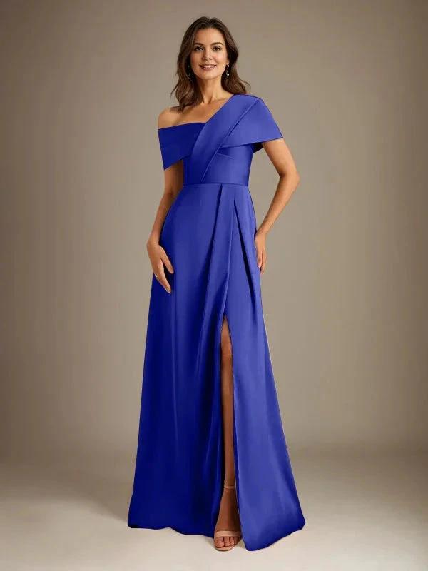 A-Line Asymmetrical Neckline Floor-Length Satin Mother of the Bride Dress With Pleated by Dreamylily