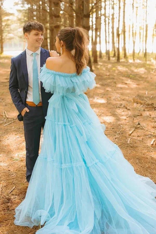 Ruffles Off the Shoulder Corset A-line Blue Prom Dress PSK570 by Pgmdress