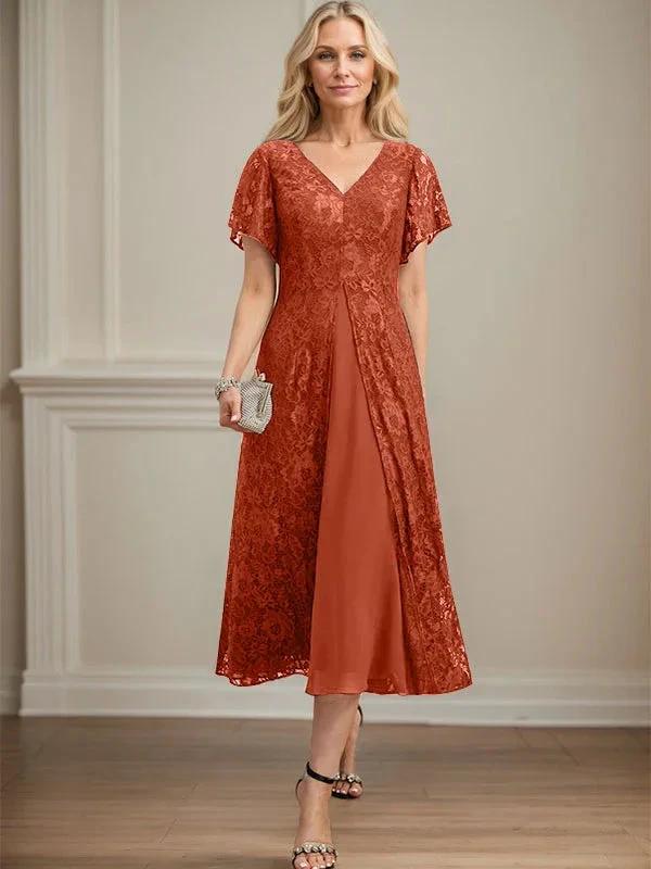 A-line V-Neck Tea-Length Lace Chiffon Mother of the Bride Dress by Dreamylily