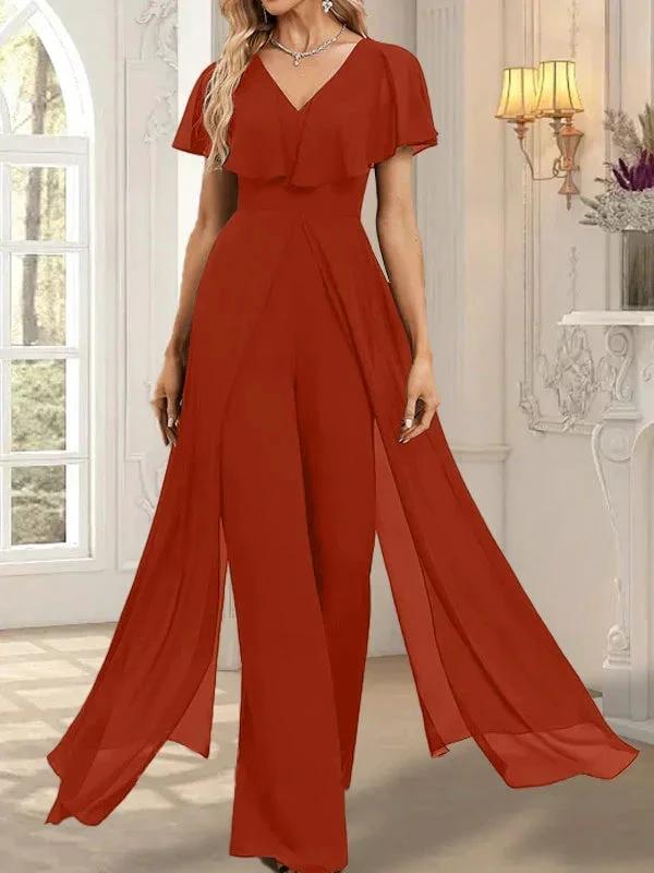 Jumpsuit/Pantsuit V-Neck Floor-Length Chiffon Evening Dress by Dreamylily