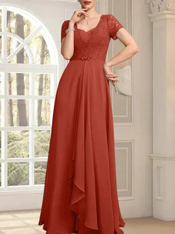 A-line Sweetheart Floor-Length Chiffon Lace Mother of the Bride Dress With Beading Cascading Ruffles by Dreamylily