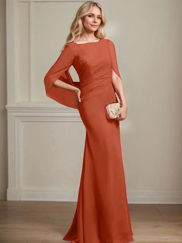 Trumpet/Mermaid Boat Neck Floor-Length Chiffon Mother of the Bride Dress With Pleated by Dreamylily