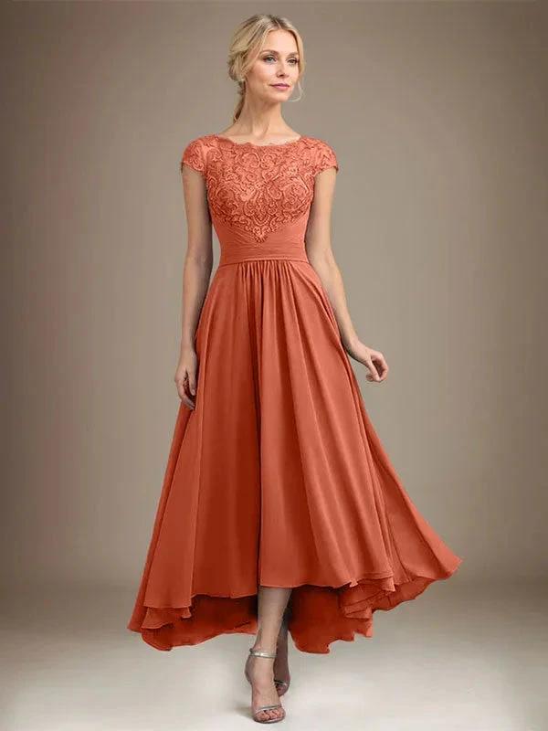 A-line Scoop Illusion Asymmetrical Lace Chiffon Mother of the Bride Dress With Pleated by Dreamylily
