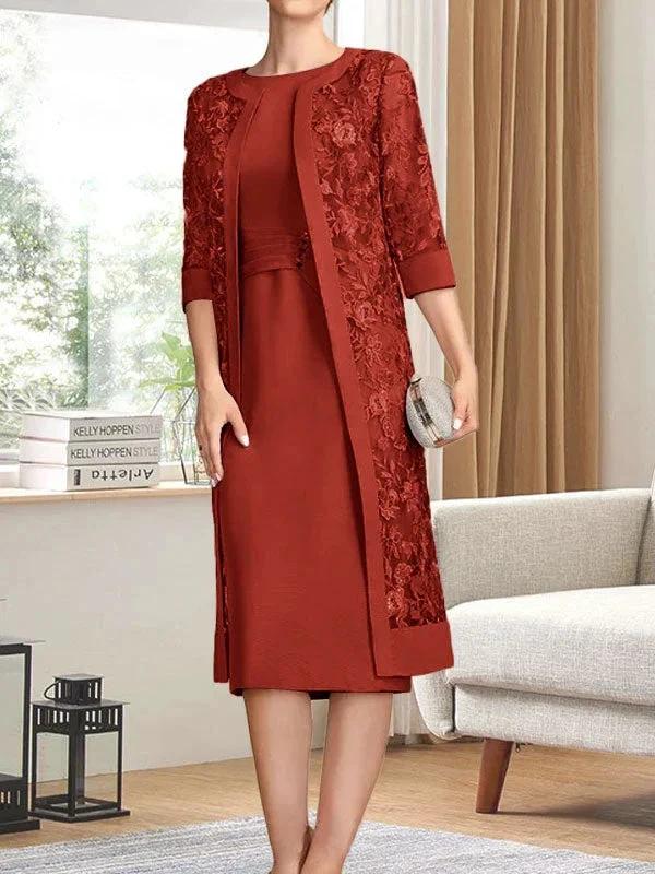Sheath/Column Scoop Knee-Length Chiffon Mother of the Bride Dress With Pleated Sequins by Dreamylily