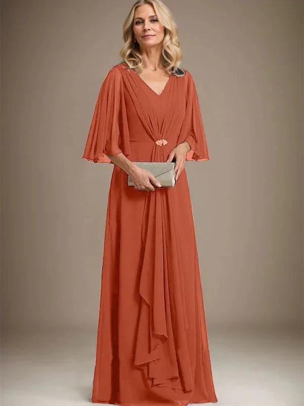 A-line V-Neck Floor-Length Chiffon Mother of the Bride Dress With Cascading Ruffles Crystal Brooch by Dreamylily