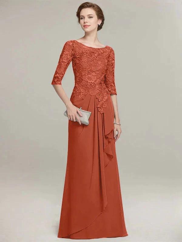 A-line Scoop Illusion Floor-Length Lace Chiffon Mother of the Bride Dress With Cascading Ruffles by Dreamylily