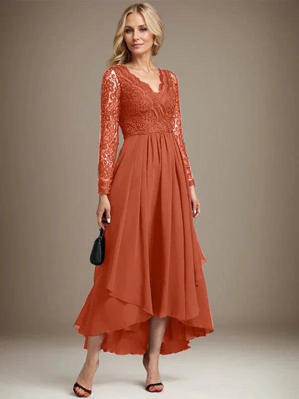 A-line V-Neck Asymmetrical Lace Chiffon Mother of the Bride Dress by Dreamylily