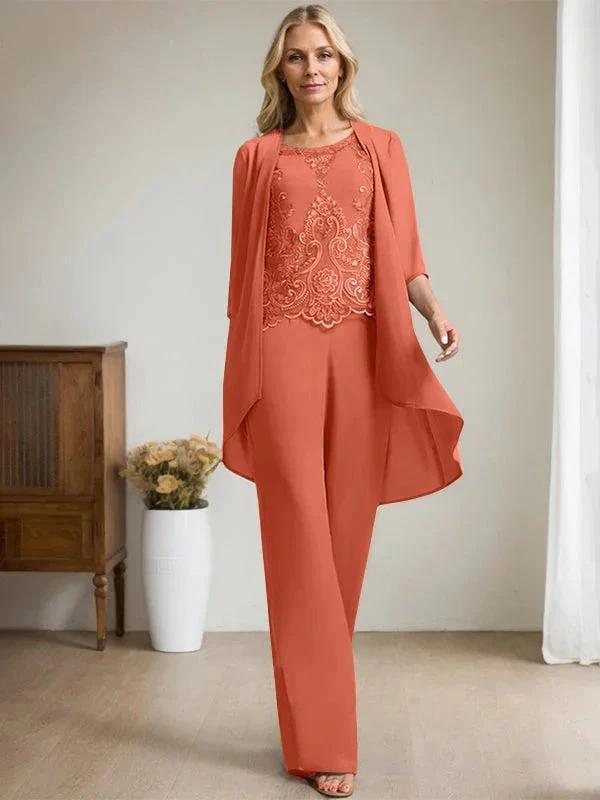 Separates Jumpsuit/Pantsuit Scoop Floor-Length Chiffon Lace Mother of the Bride Dress With Beading Sequins by Dreamylily