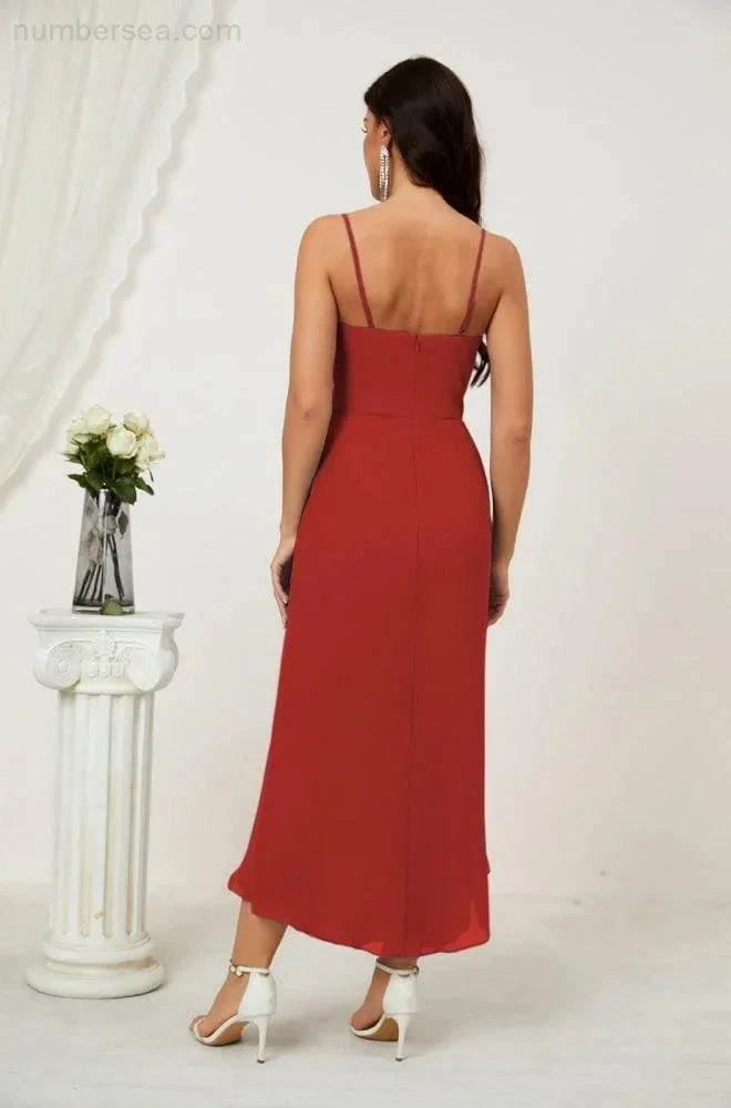 Numbersea Spaghetti Chiffon V Neck Bridesmaid Dress Mid-Length Slit Formal Prom Dress Homecoming Dress 2803 by numbersea