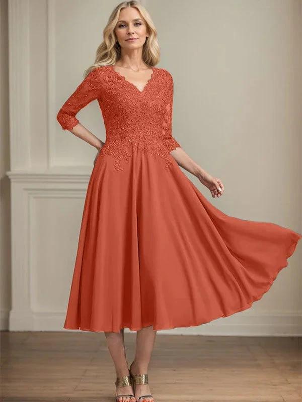 A-line V-Neck Tea-Length Chiffon Lace Mother of the Bride Dress With Beading Sequins by Dreamylily