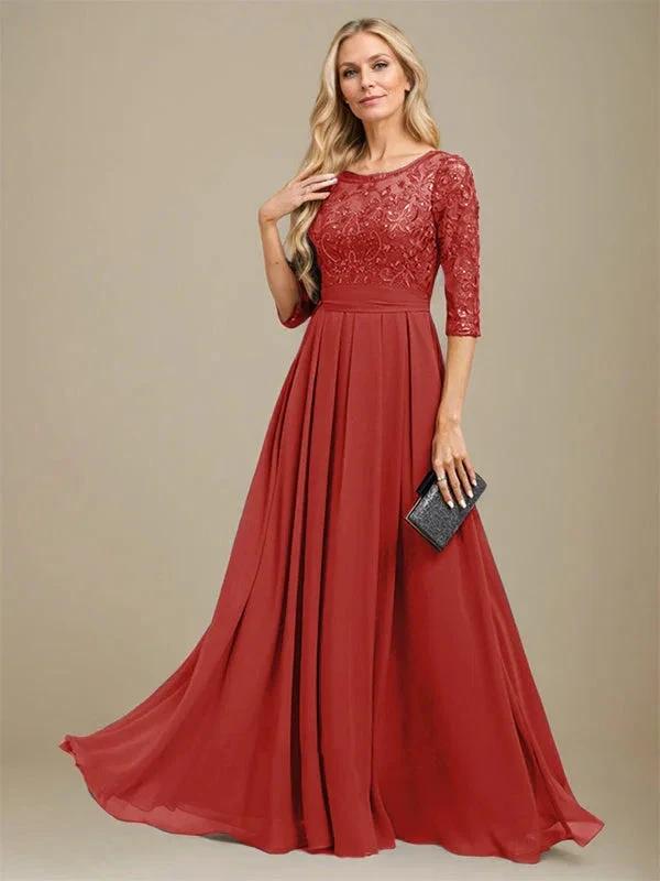 A-Line Scoop Floor-Length Lace Chiffon Mother Of the Bride Dress With Sequins Applique by Dreamylily