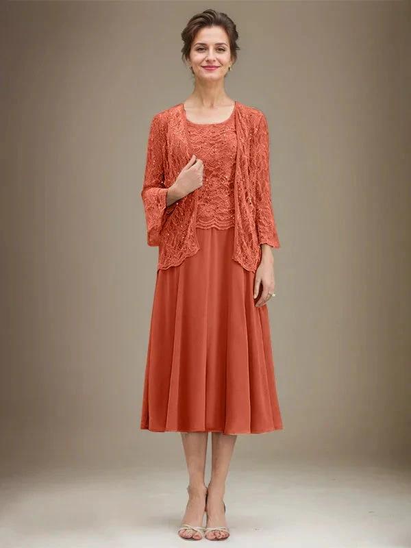 A-line Scoop Tea-Length Lace Chiffon Mother of the Bride Dress With Sequins by Dreamylily