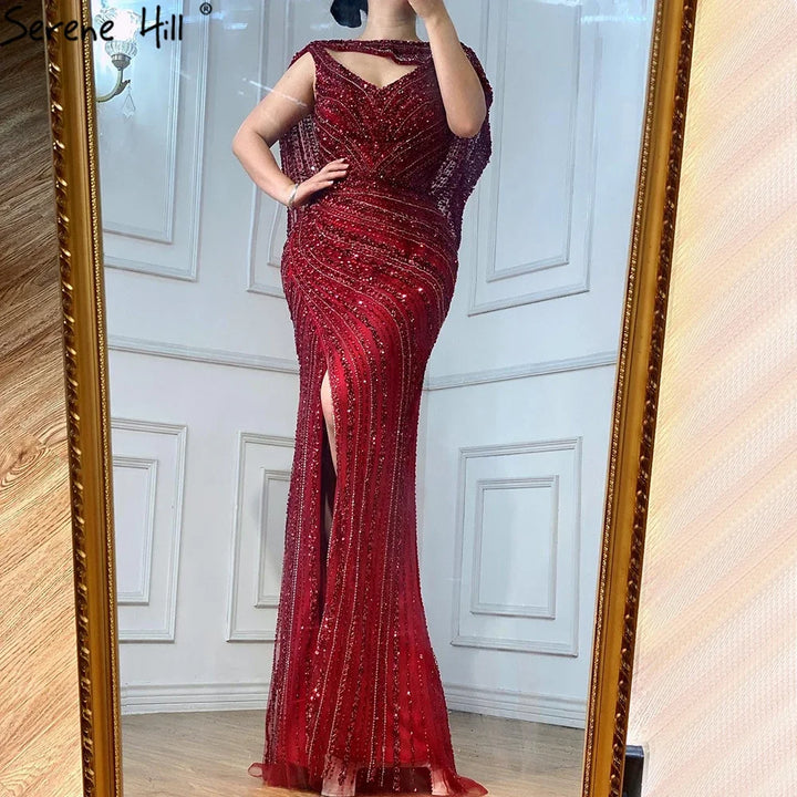 Serene Hill Customized Silver Nude Beaded Mermaid Evening Dresses 2025 Elegant Party Gowns For Women Wedding DLA70752