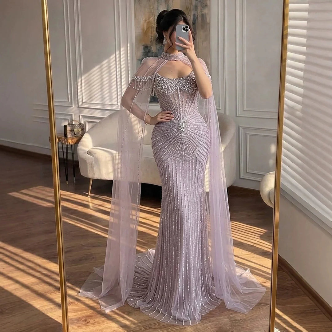 Serene Hill Caramel Pearl Beaded Illusion Mermaid Evening Gown 2026 Party Dresses with Sheer Cape DLA73148C Customized