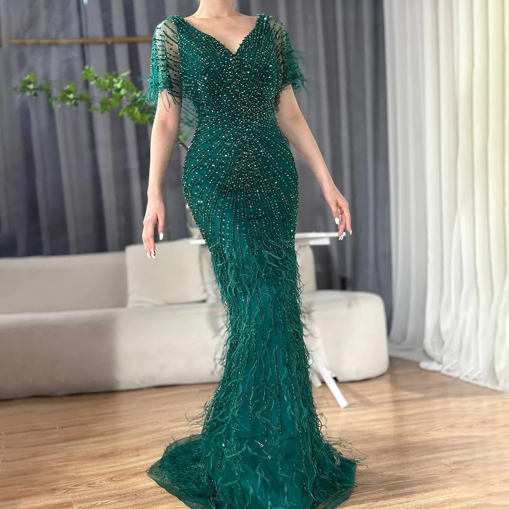 Serene Hill Brown Mermaid Beaded Feathers Evening Dresses Elegant Party Gowns for Women DLA71323 Customized