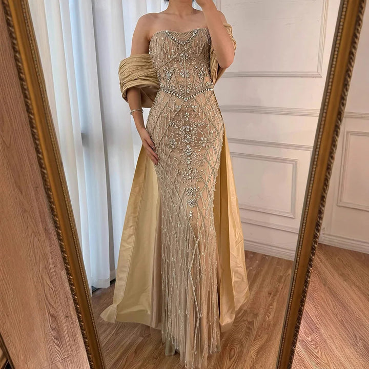 Serene Hill Nude Strapless Off Shoulder Mermaid Overskirt Evening Dress Beaded Party Gowns for Women 2025 Customized DLA72819