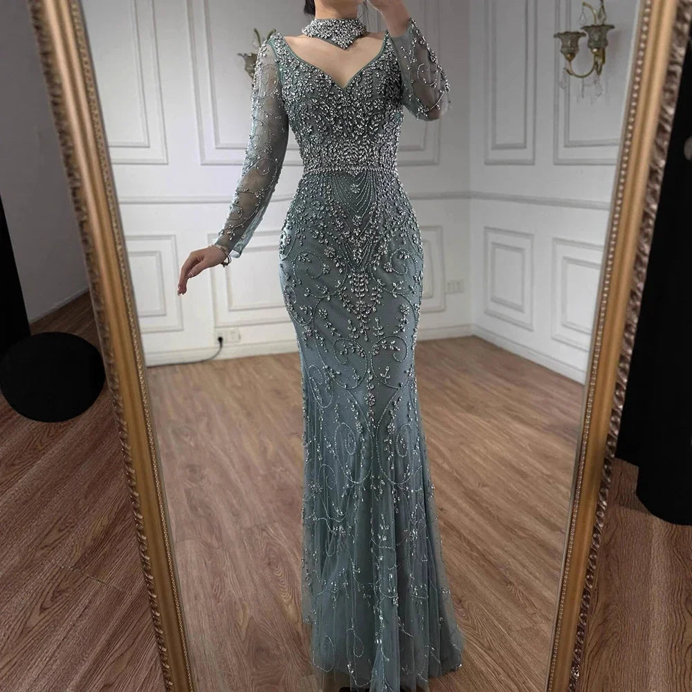 Serene Hill Customized Turquoise Evening Dresses with Neck Lace 2026 Long Sleeves Mermaid Beaded Elegant Party Gowns DLA73042B