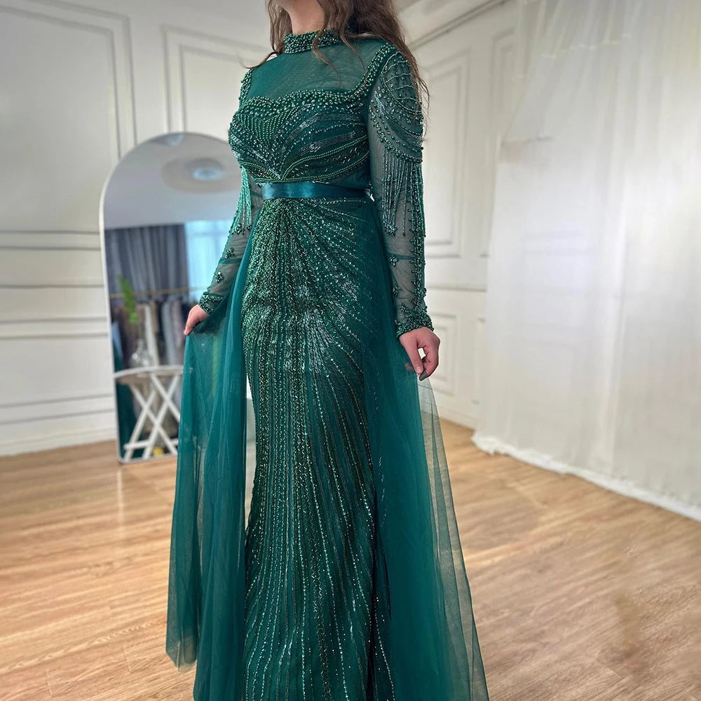 Serene Hill Customized Nude Long Sleeves Beaded Mermaid Dubai Evening Dresses 2025 Muslim Party Gowns for Veiled Women DLA71533