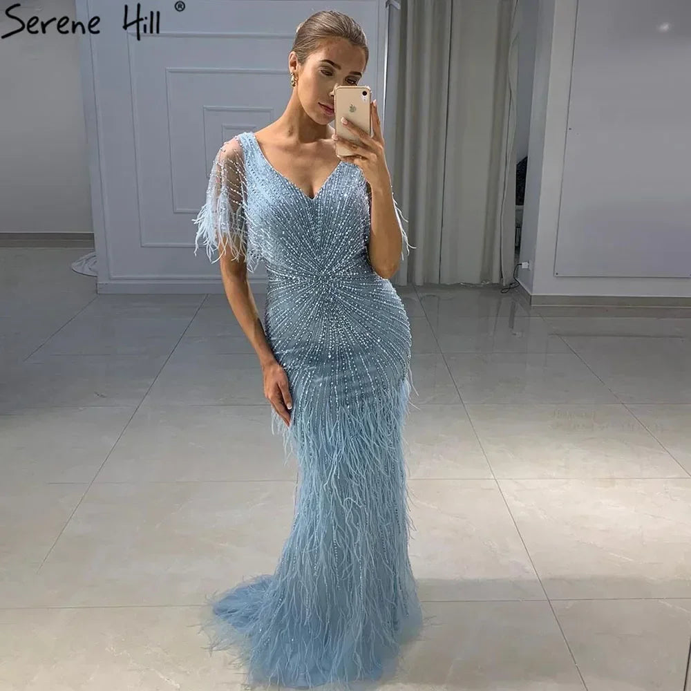 Serene Hill Brown Mermaid Beaded Feathers Evening Dresses Elegant Party Gowns for Women DLA71323 Customized