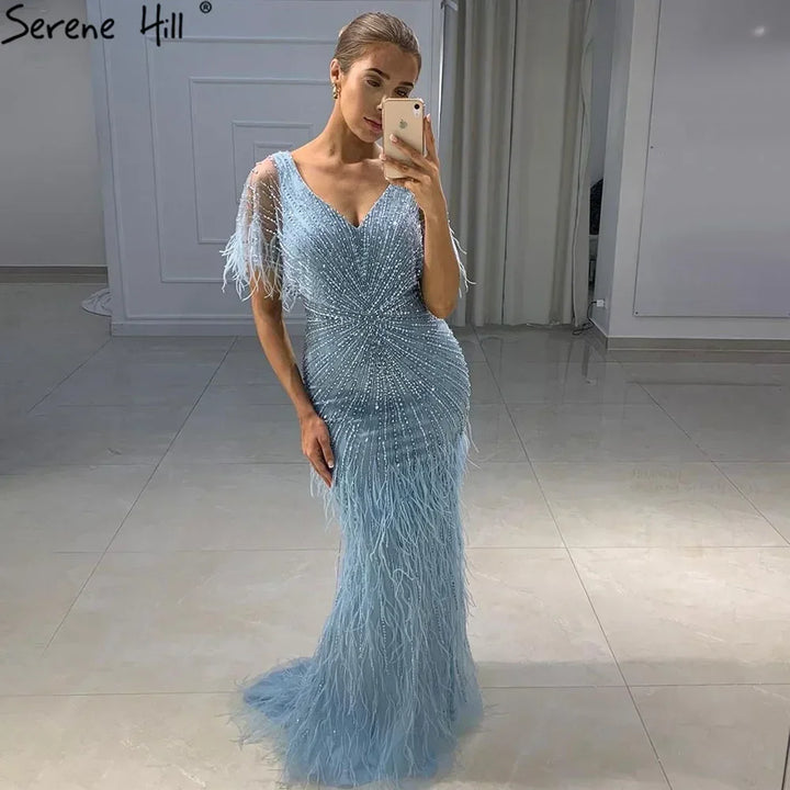 Serene Hill Brown Mermaid Beaded Feathers Evening Dresses Elegant Party Gowns for Women DLA71323 Customized