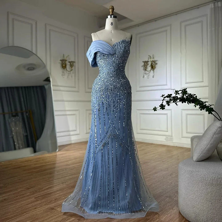Serene Hill 2025 Dubai Grey Mermaid One Shoulder Beaded Long Evening Dresses Gowns For Formal Occasion DLA72650 Customized