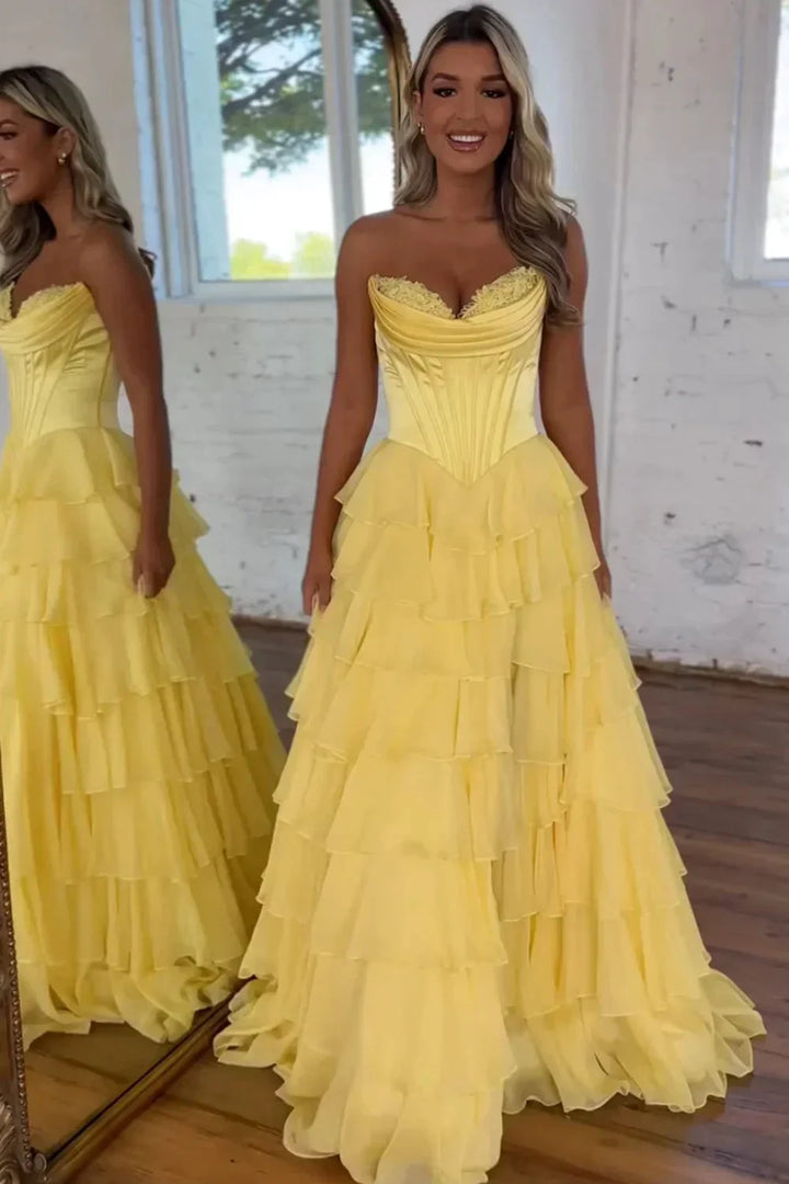 Cathy Strapless Tiered Ruffles A-line Prom Dress A-line Side Split vestidos de noiva Customized Zip Back Chiffon Evening Gown by Sunnderly