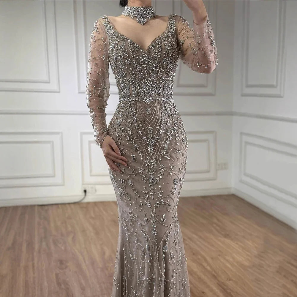 Serene Hill Customized Turquoise Evening Dresses with Neck Lace 2026 Long Sleeves Mermaid Beaded Elegant Party Gowns DLA73042B