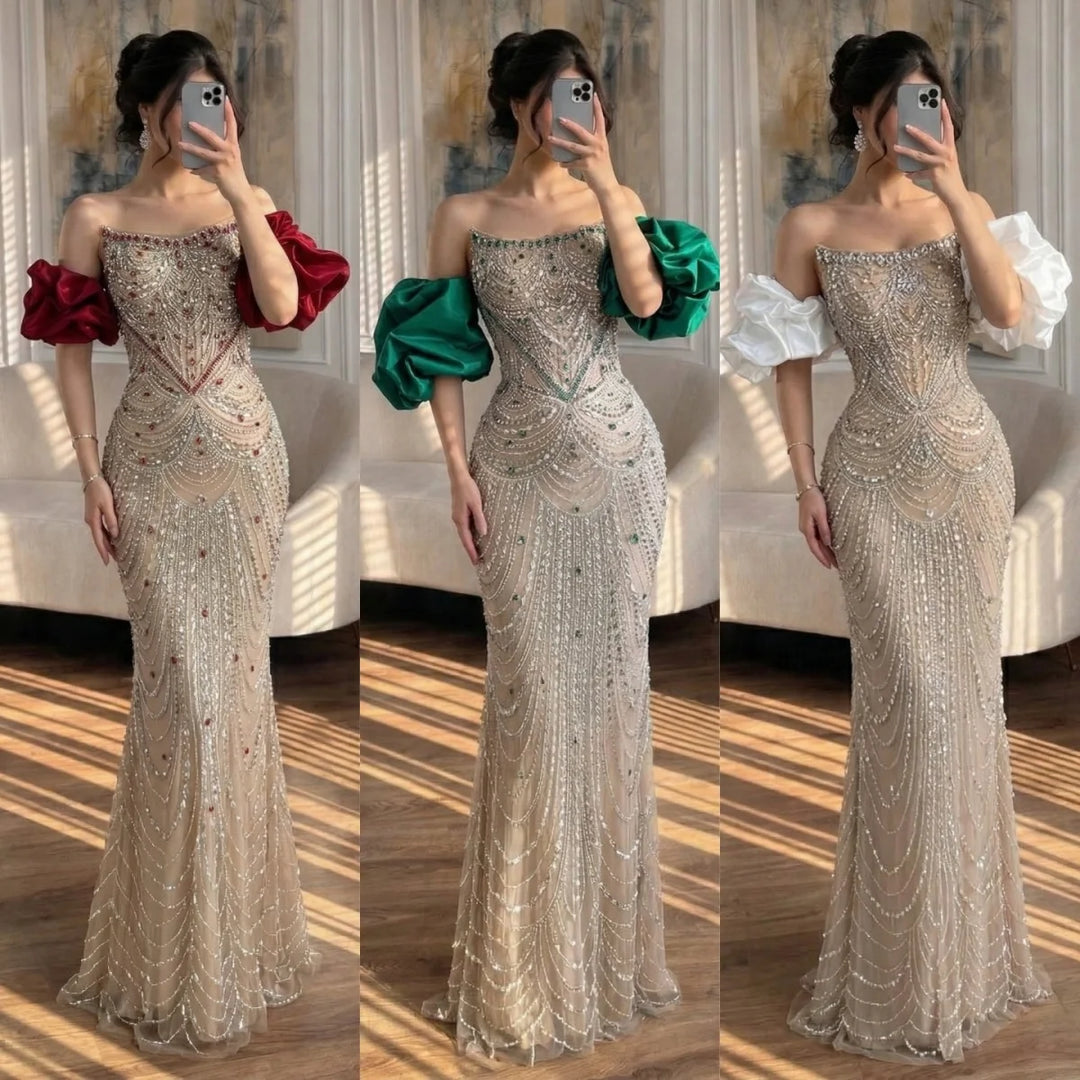 Luxury Beaded Evening Dresses with Elegant Puff Sleeves Pearl Beaded Adorned Design Serene Hill DLA72903 Customized