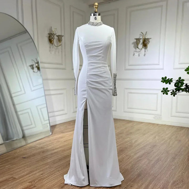 Serene Hill Customized Black Satin Mock Neck Mermaid Evening Dresses with Split Simple Party Gowns for Women DLA72476