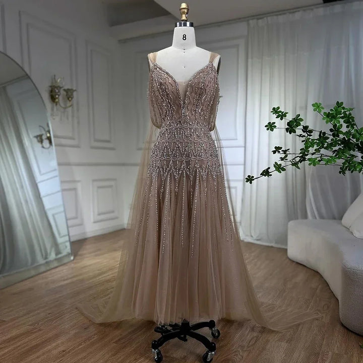 Serene Hill Customized 2025 Nude A-Line Midi Ankle Lengt Prom Dresses Glitter Beaded Evening Party Gowns for Women DLA71911
