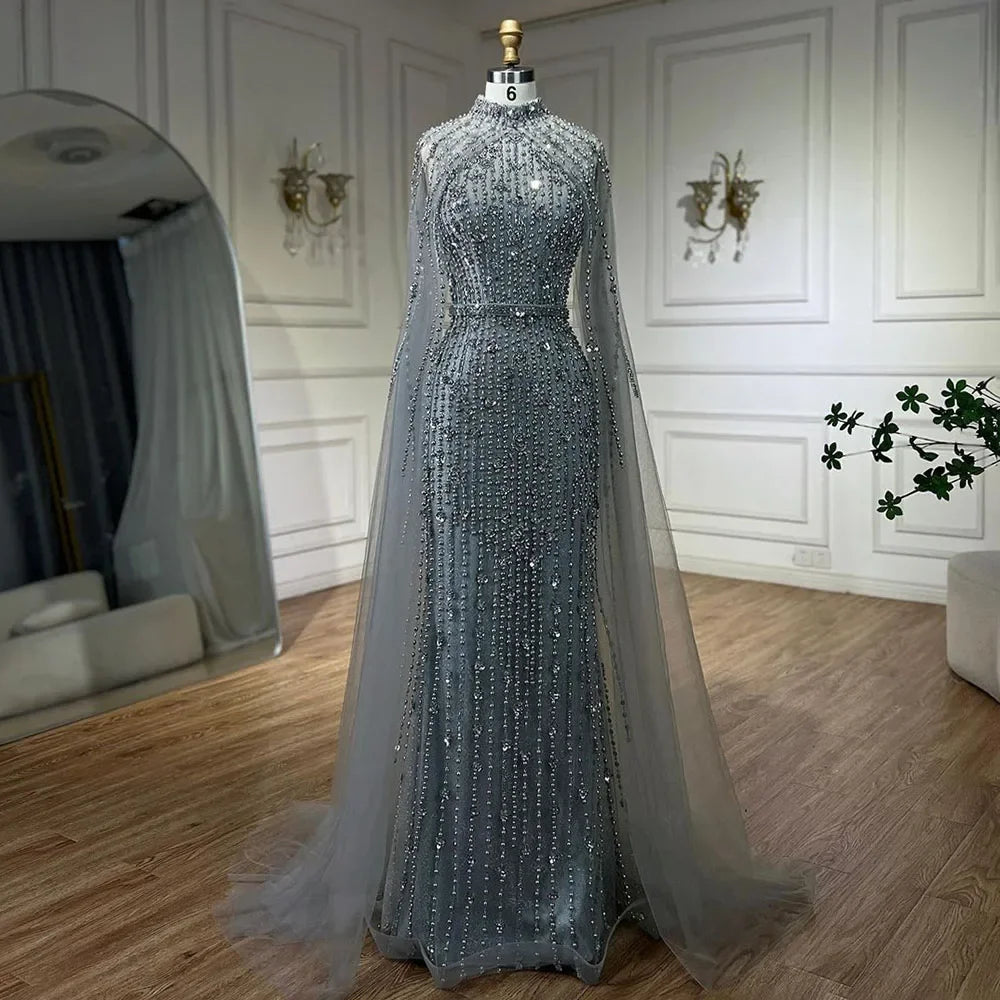 Dubai Grey Mermaid Cape Sleeves Pearls Beaded Elegant Evening Dresses Gowns 2025 Wedding Party DLA72372 Customized