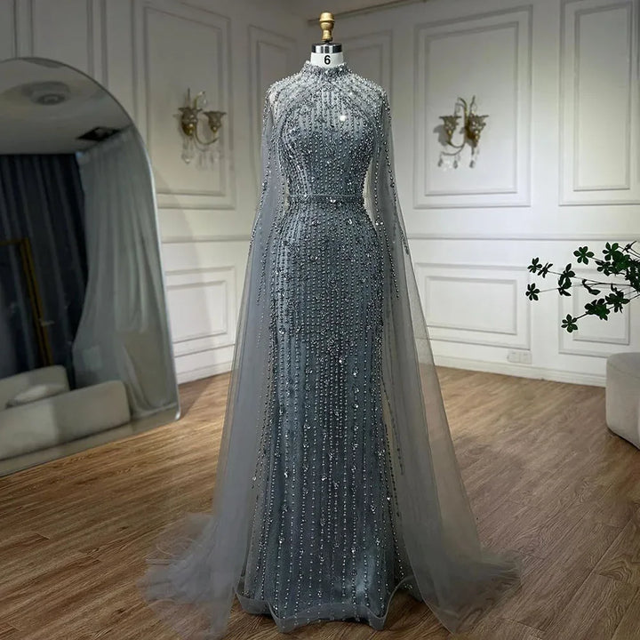 Dubai Grey Mermaid Cape Sleeves Pearls Beaded Elegant Evening Dresses Gowns 2025 Wedding Party DLA72372 Customized
