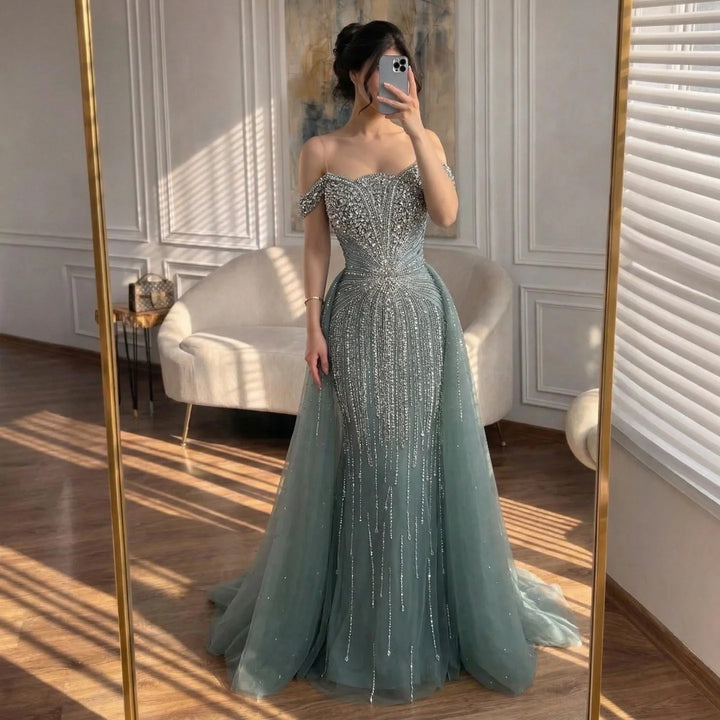 Serene Hill Green Mermaid Beaded Evening Party Gown 2026 Elegant Off-Shoulder Runway Dress with Overskirt Customized DLA73392