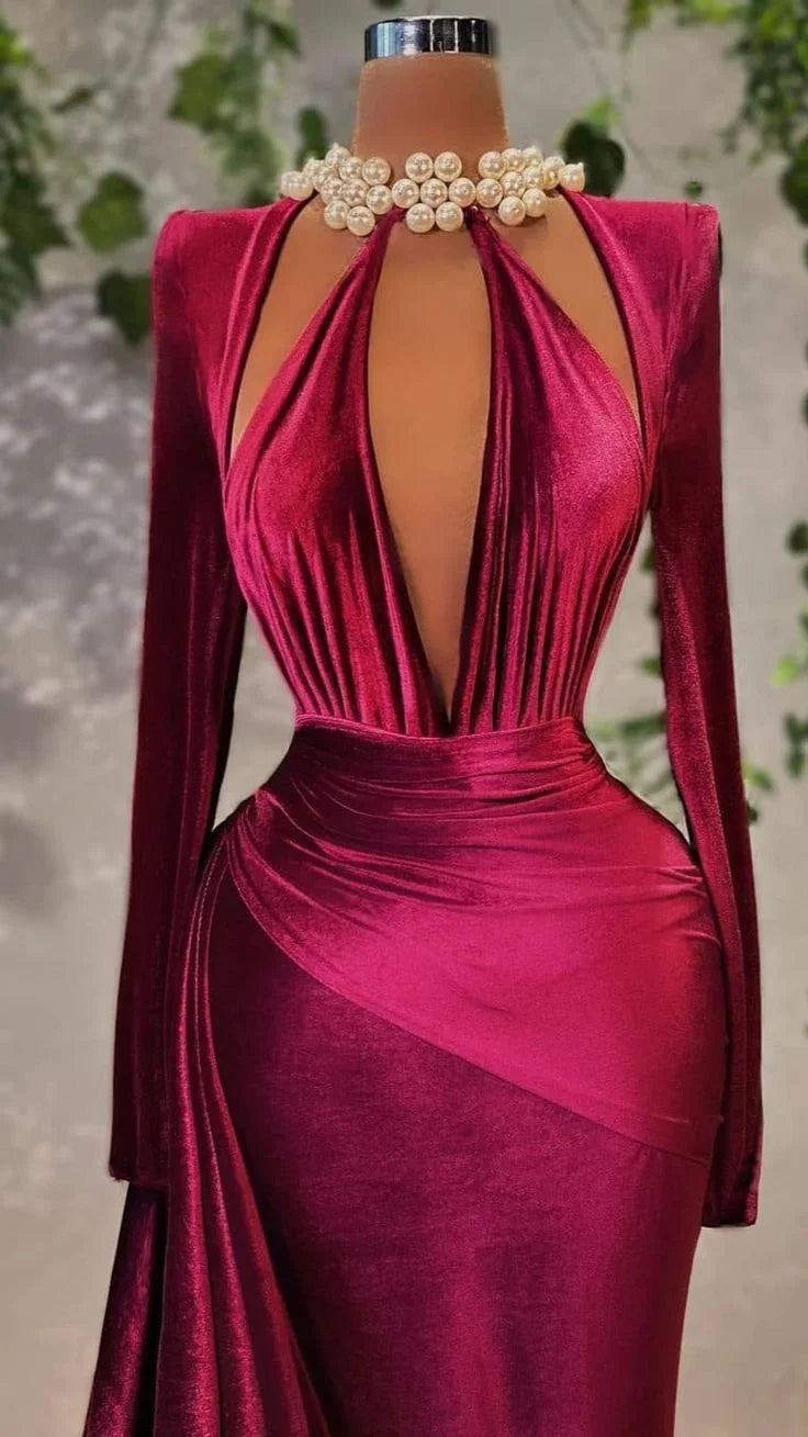 Elegant deep red velvet evening dress with long sleeves and pearl choker on mannequin at ZAPDRESS