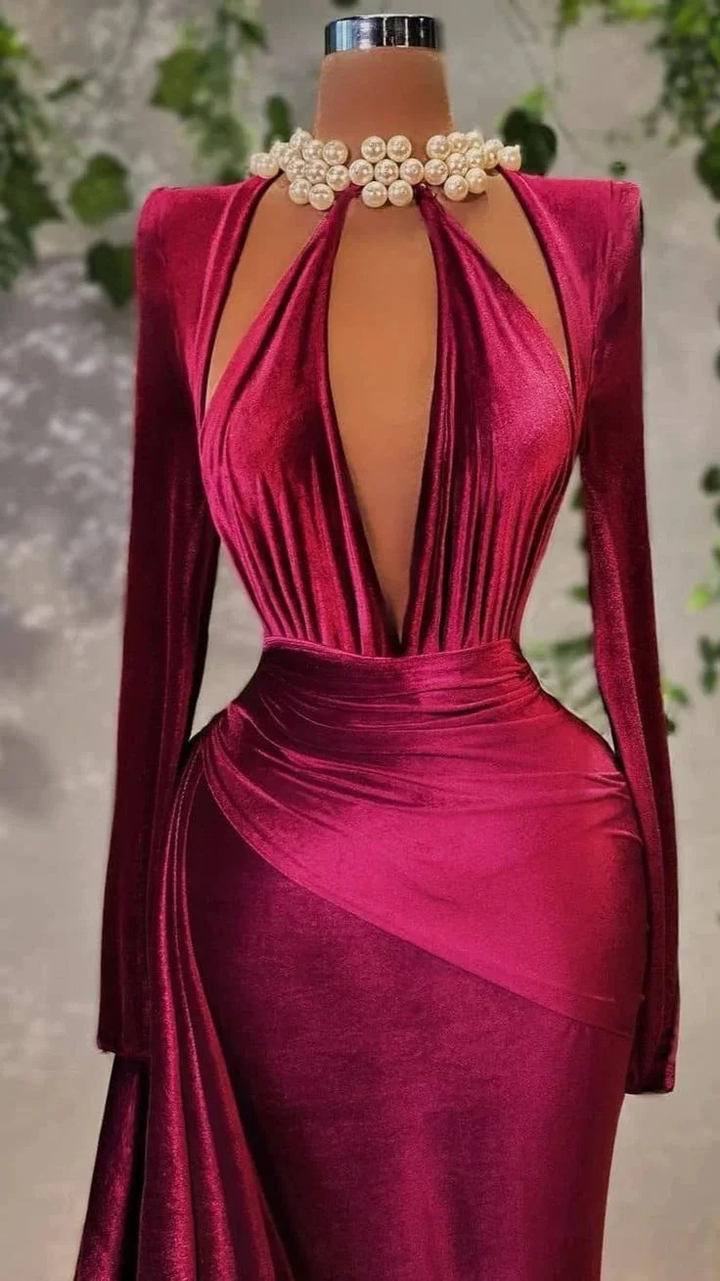 Elegant deep red velvet evening dress with long sleeves and pearl necklace, ZAPDRESS