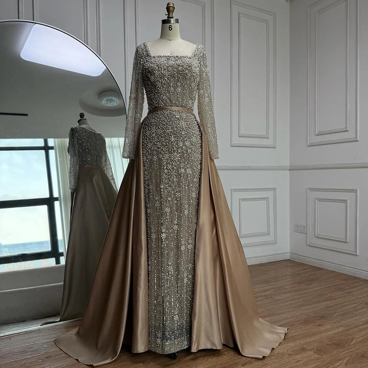 Serene Hill Turquoise Square Collar Mermaid Beaded Evening Dress Overskirt Party Gowns with Long Sleeves Customized DLA72533A