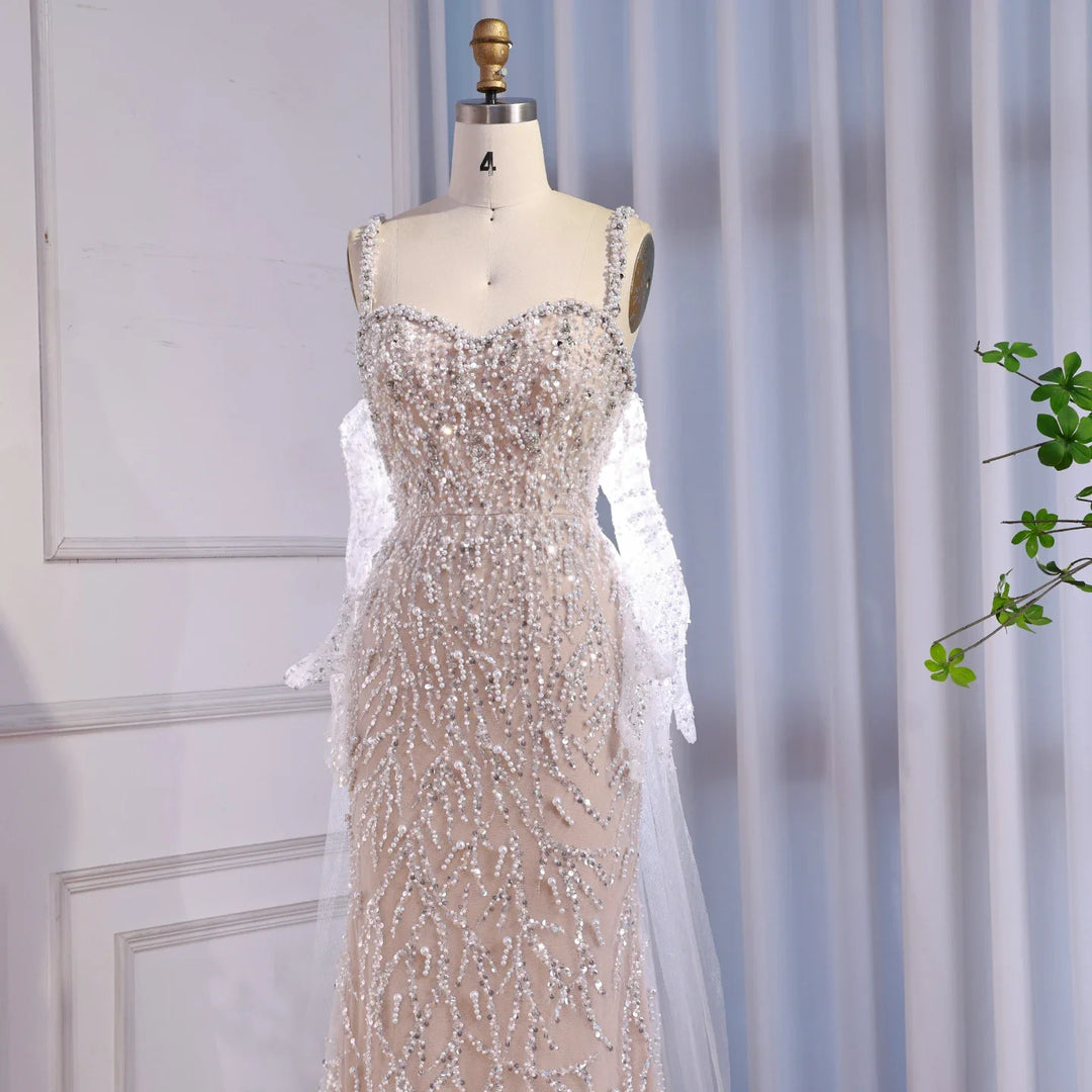 Serene Hill White Nude Mermaid Pearls Evening Dresses with Gloves Wedding Party Gowns for Women 2026 Customized DLA72345E