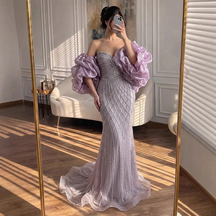 Serene Hill 2026 Pink Strapless Mermaid Luxury Beaded Evening Dresses with Cape Formal Party Gowns Customized DLA73411