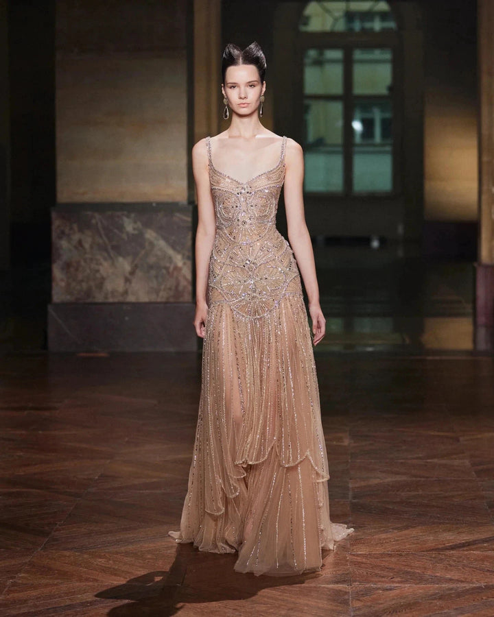 Champagne Beaded Mermaid Evening Dress Luxury Saudi Wedding Gown Customized by ZAPDRESS
