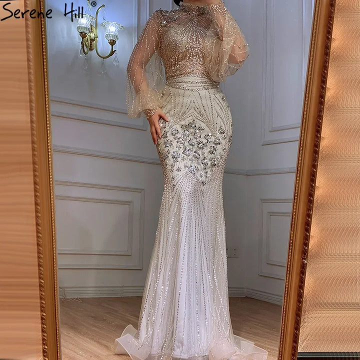 Serene Hill Customized Silver Beaded Mermaid Evening Dresses 2025 Full Sleeves Elegant Party Gowns For Women DLA71036