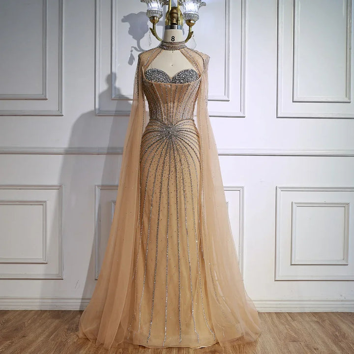 Luxury Nude Elegant Evening Gown Beaded Dress with Cape Sleeves for Formal Party Wear Serene Hill DLA72811A Customized