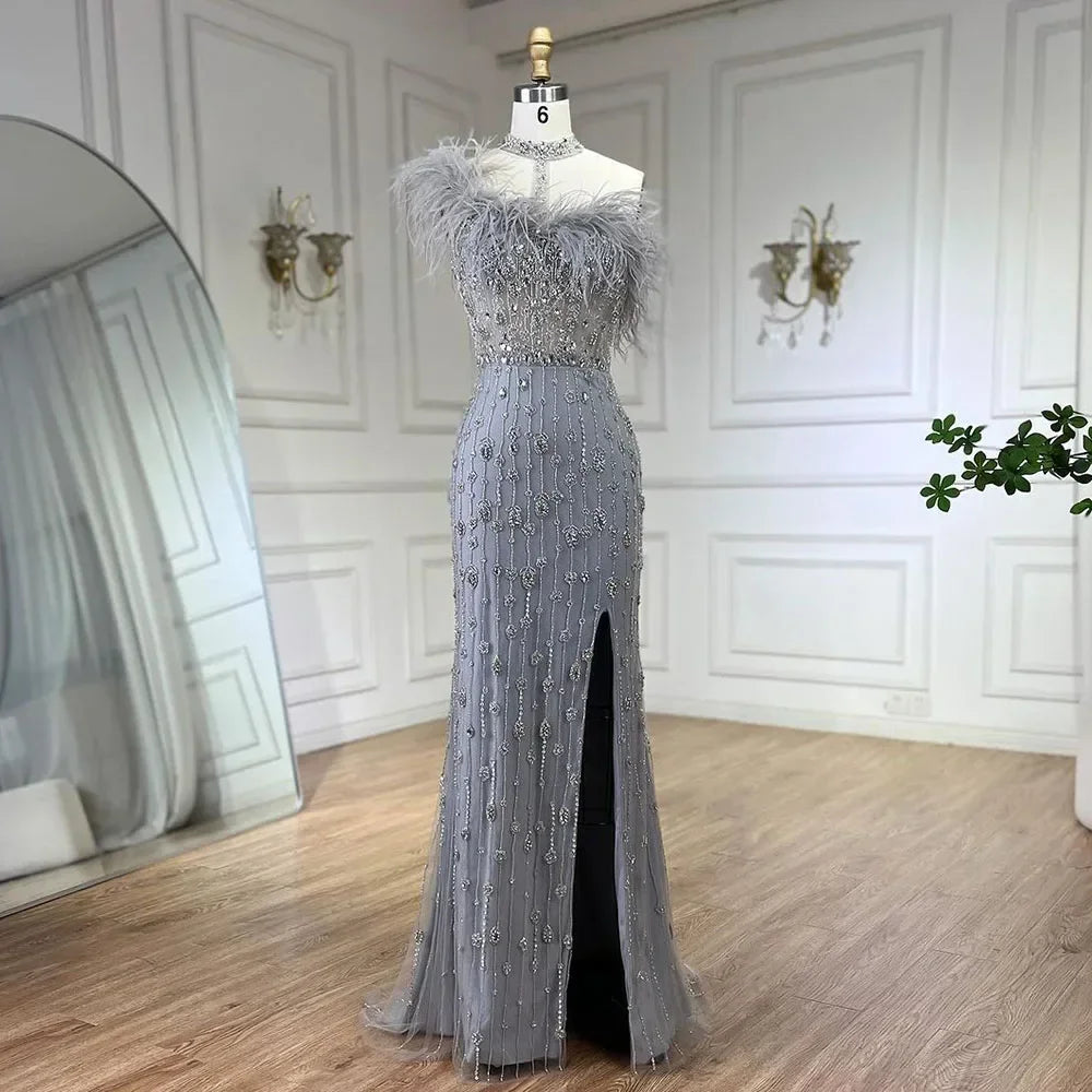 Serene Hill Customized 2025 Gray Halter Feathers Beaded Mermaid High Split Evening Dresses Formal Party Gowns for Women DLA72452