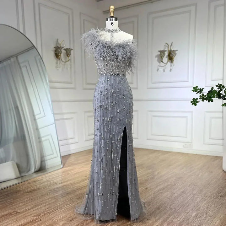 Serene Hill Customized 2025 Gray Halter Feathers Beaded Mermaid High Split Evening Dresses Formal Party Gowns for Women DLA72452