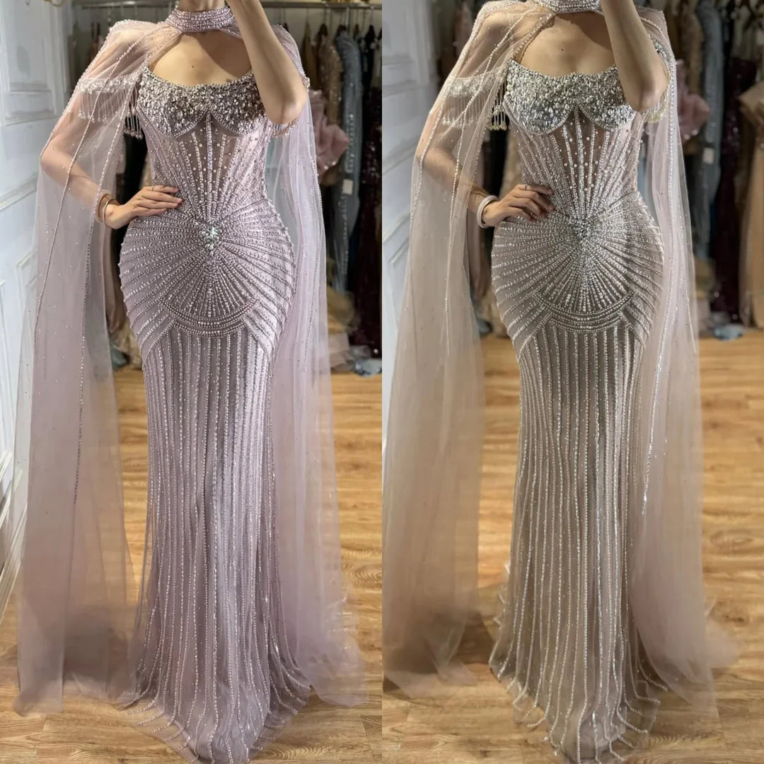 Serene Hill 2026 Pearl Beaded Mermaid Caramel Evening Dresses Elegant Formal Party Gown with Sheer Cape Customized DLA73148C