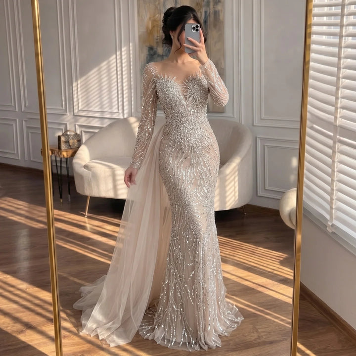 Serene Hill White Nude Long Sleeves Mermaid Pearls Beaded Evening Dress with Train Wedding Party Gowns DLA72634A Customized